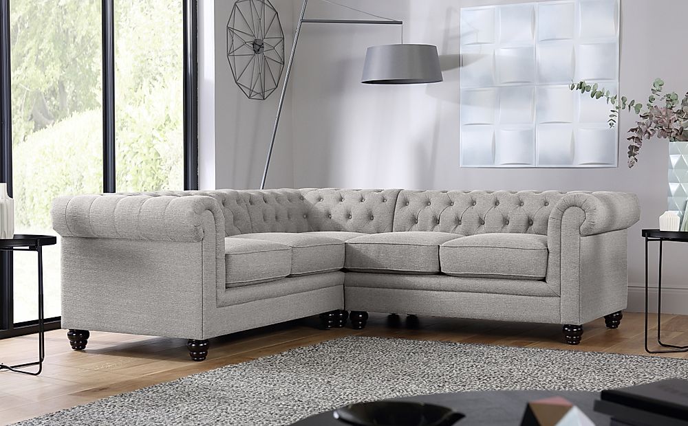 Hampton Chesterfield Corner Sofa, Light Grey Classic Linen-Weave Fabric
