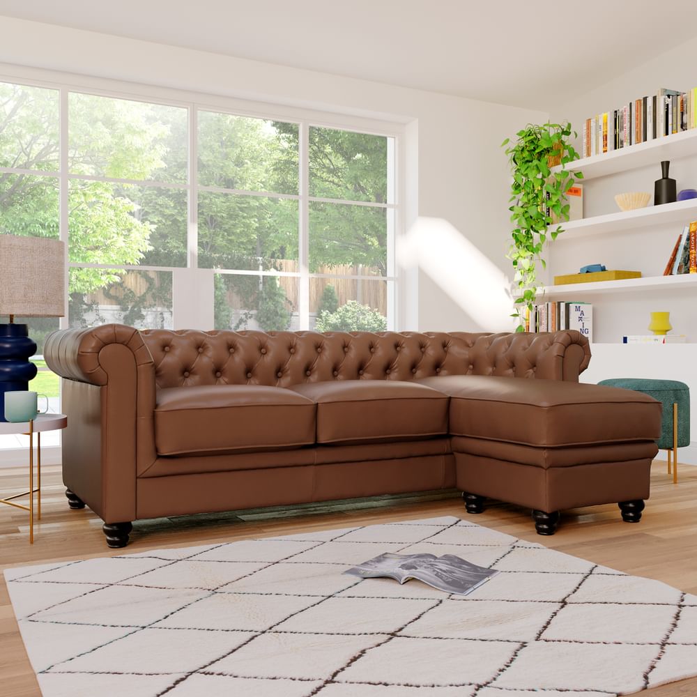 Hampton Chesterfield L-Shape Corner Sofa, Tan Classic Faux Leather