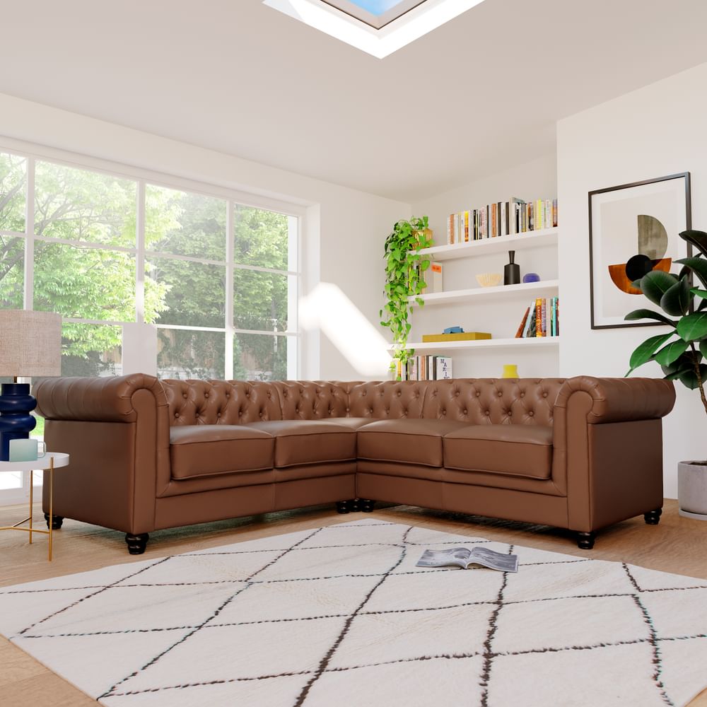 Hampton Chesterfield Corner Sofa, Tan Classic Faux Leather