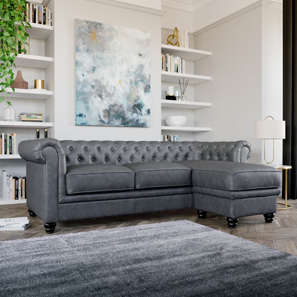 Hampton Chesterfield L-Shape Corner Sofa, Vintage Grey Classic Faux Leather