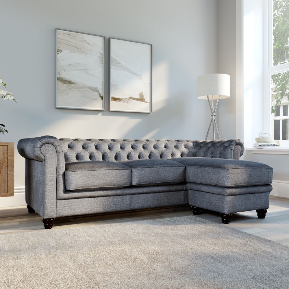 Hampton Chesterfield L-Shape Corner Sofa, Grey Aura Velvet