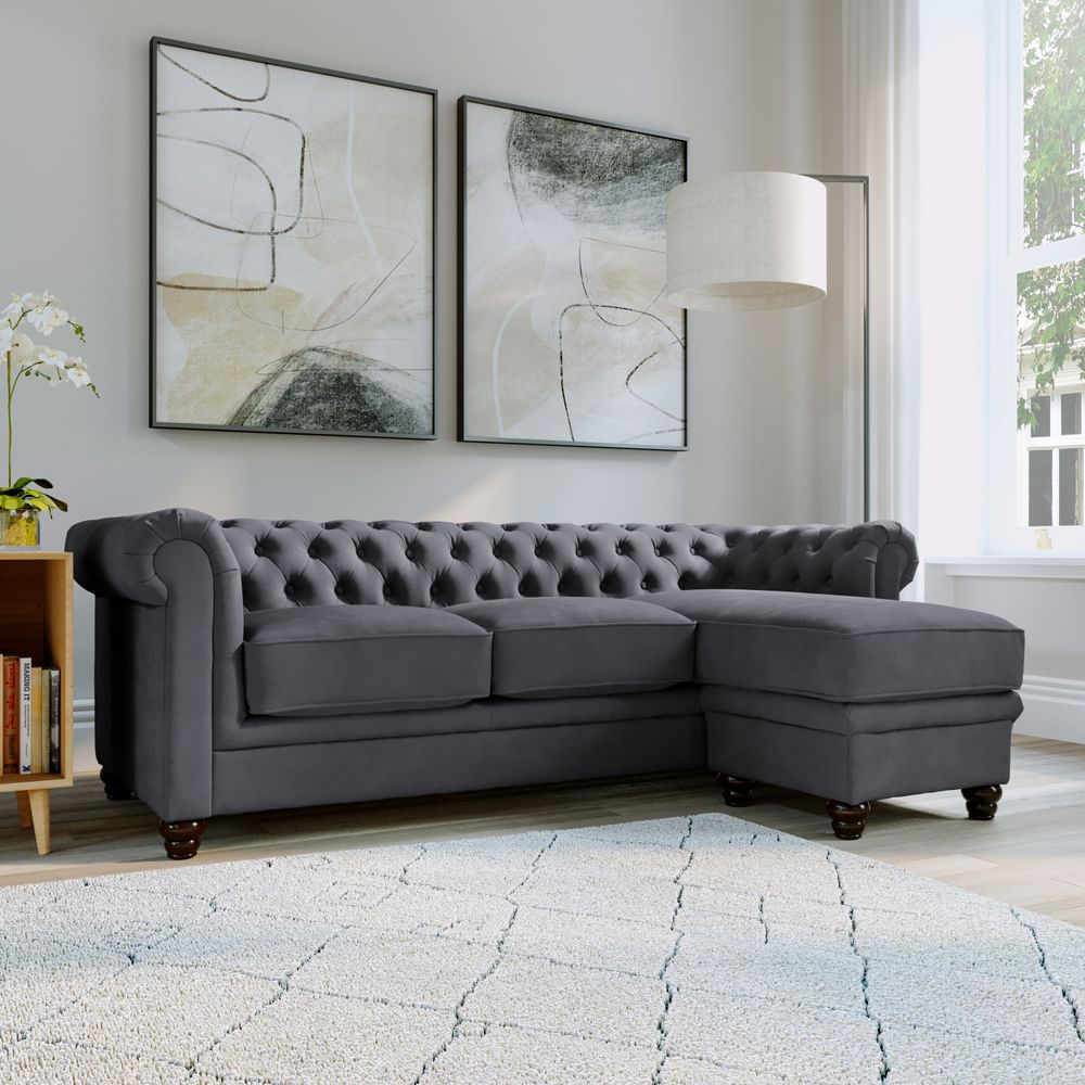 Hampton Chesterfield L-Shape Corner Sofa, Slate Grey Classic Plush Fabric