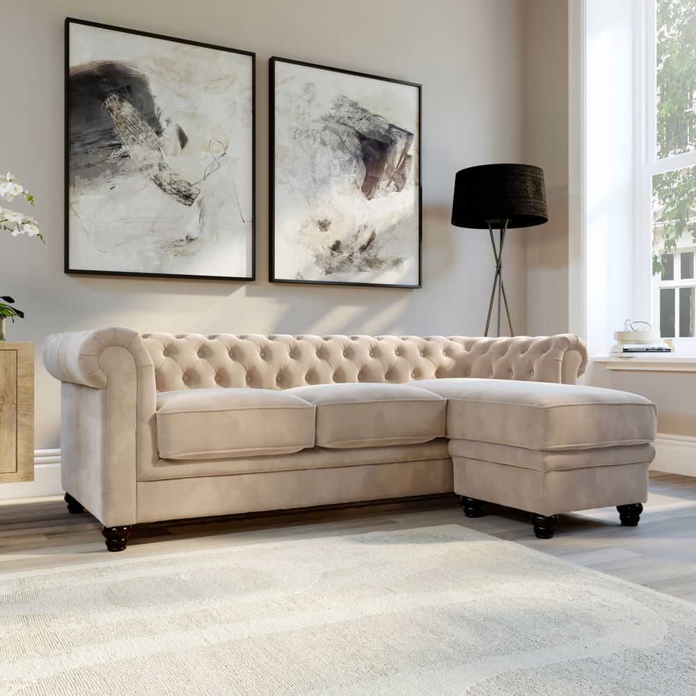 Hampton Chesterfield L-Shape Corner Sofa, Champagne Classic Velvet