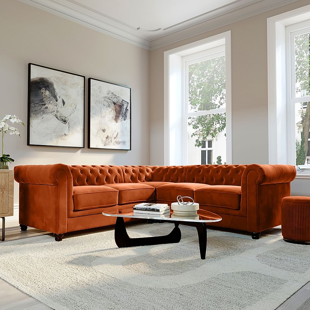 Hampton Chesterfield Corner Sofa, Burnt Orange Classic Velvet