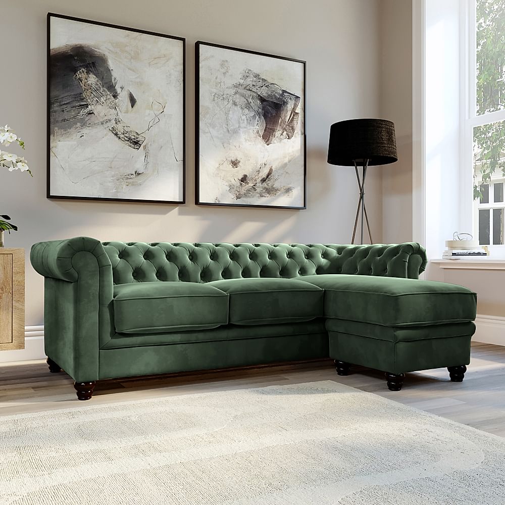 Hampton Chesterfield L-Shape Corner Sofa, Moss Green Classic Velvet