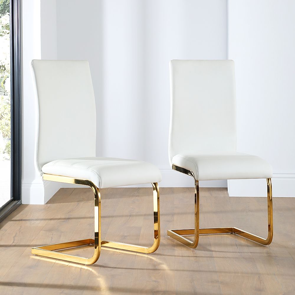 Perth Dining Chair, White Classic Faux Leather & Gold Steel