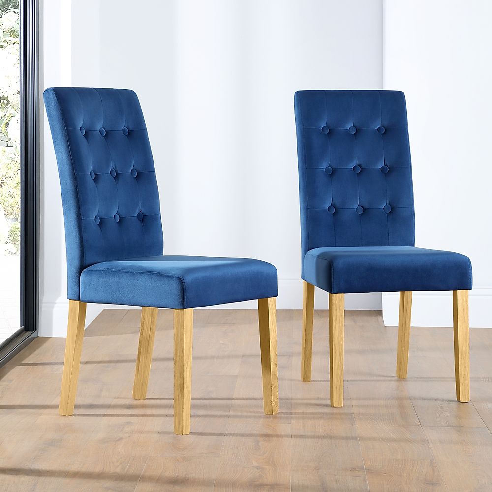 Regent Dining Chair, Blue Classic Velvet & Natural Oak Finished Solid Hardwood