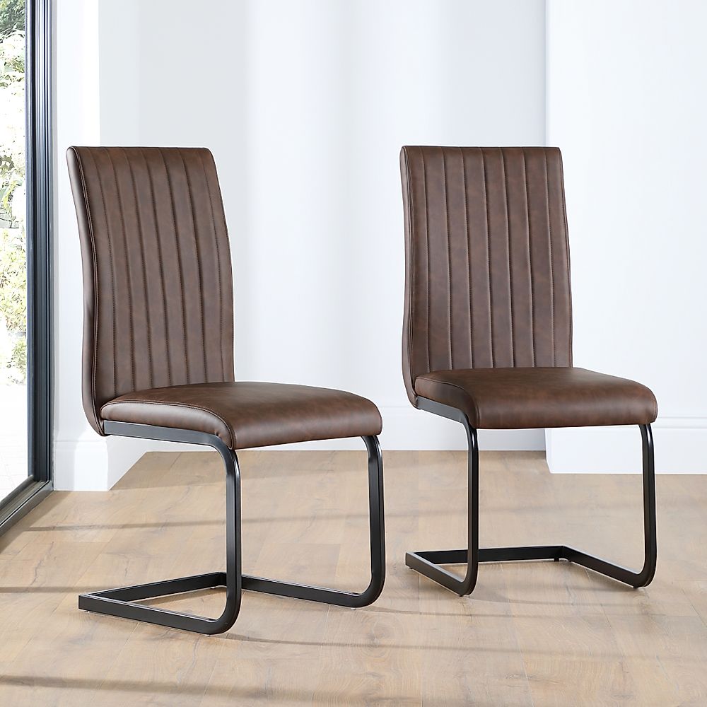Perth Vintage Brown Leather Dining, Dining Chairs Black Legs