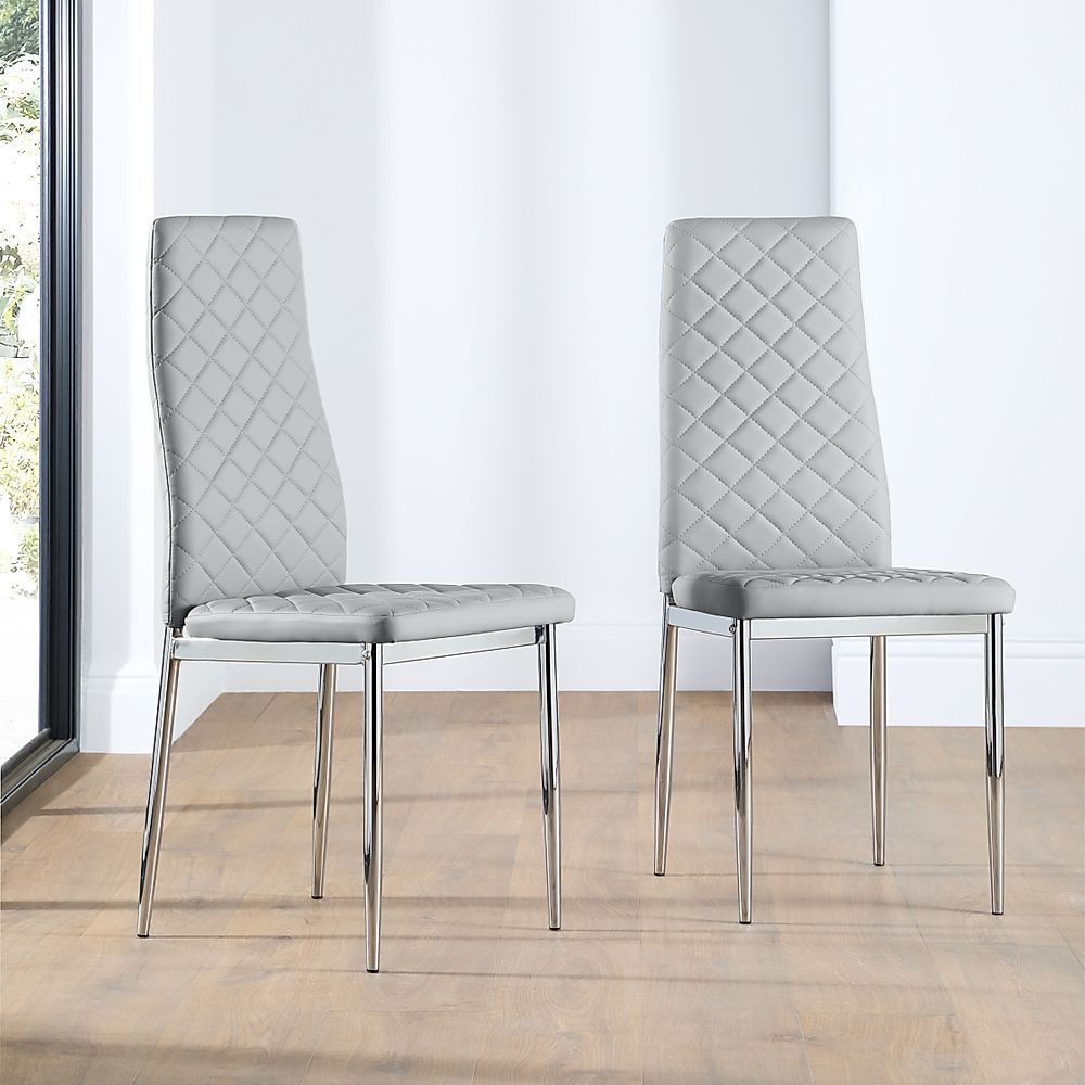 Renzo Light Grey Leather Dining Chair, Faux Leather Dining Chairs Chrome Legs
