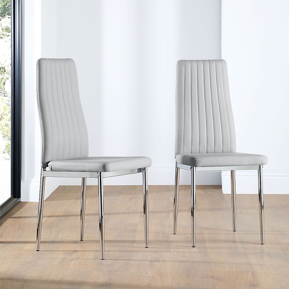 Leon Dining Chair, Light Grey Classic Faux Leather & Chrome