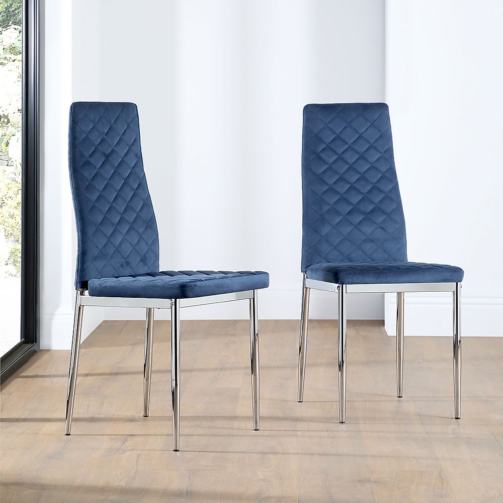 Renzo Blue Velvet Dining Chair Chrome, Blue Leather Dining Chairs Uk
