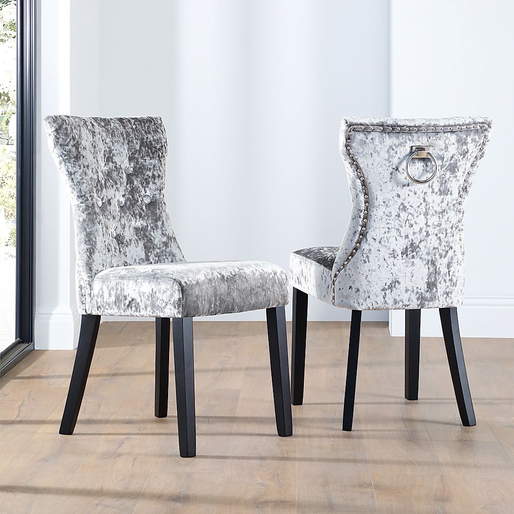 Kensington Dining Chair, Silver Crushed Velvet & Black Solid Hardwood