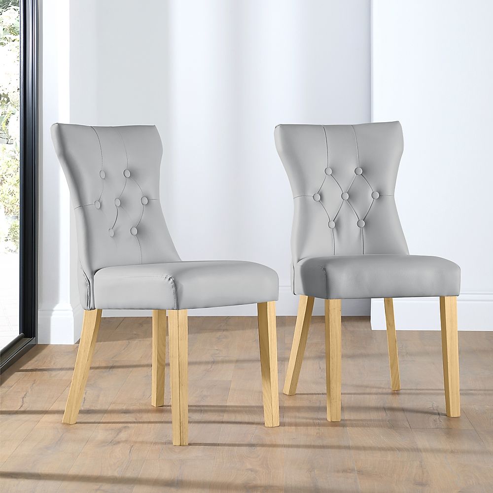 Bewley Dining Chair, Light Grey Classic Faux Leather & Natural Oak Finished Solid Hardwood