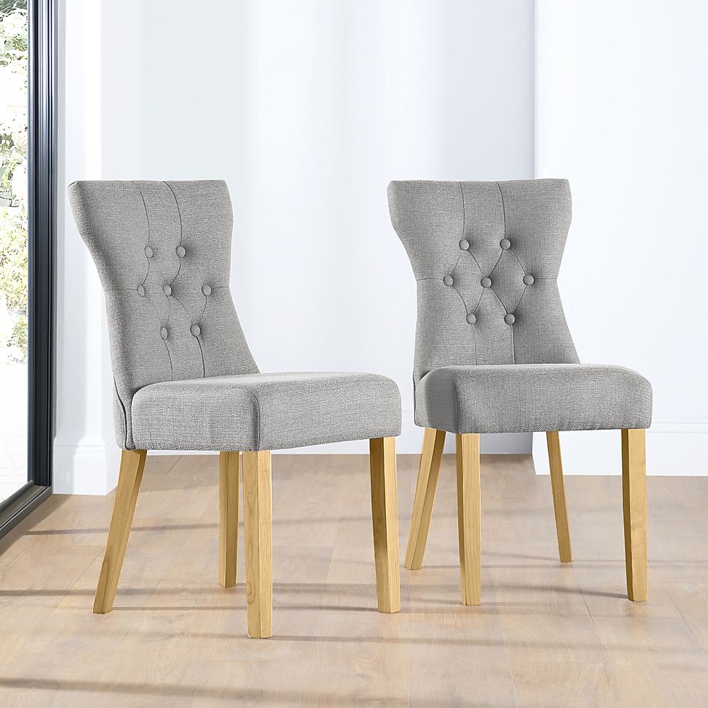 Bewley Dining Chair, Light Grey Classic Linen-Weave Fabric & Natural Oak Finished Solid Hardwood