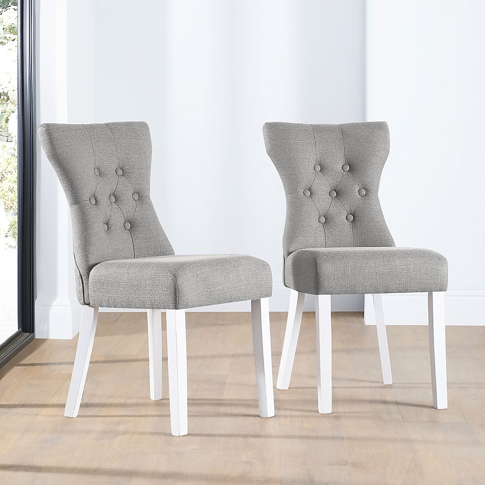 Bewley Dining Chair, Light Grey Classic Linen-Weave Fabric & White Solid Hardwood
