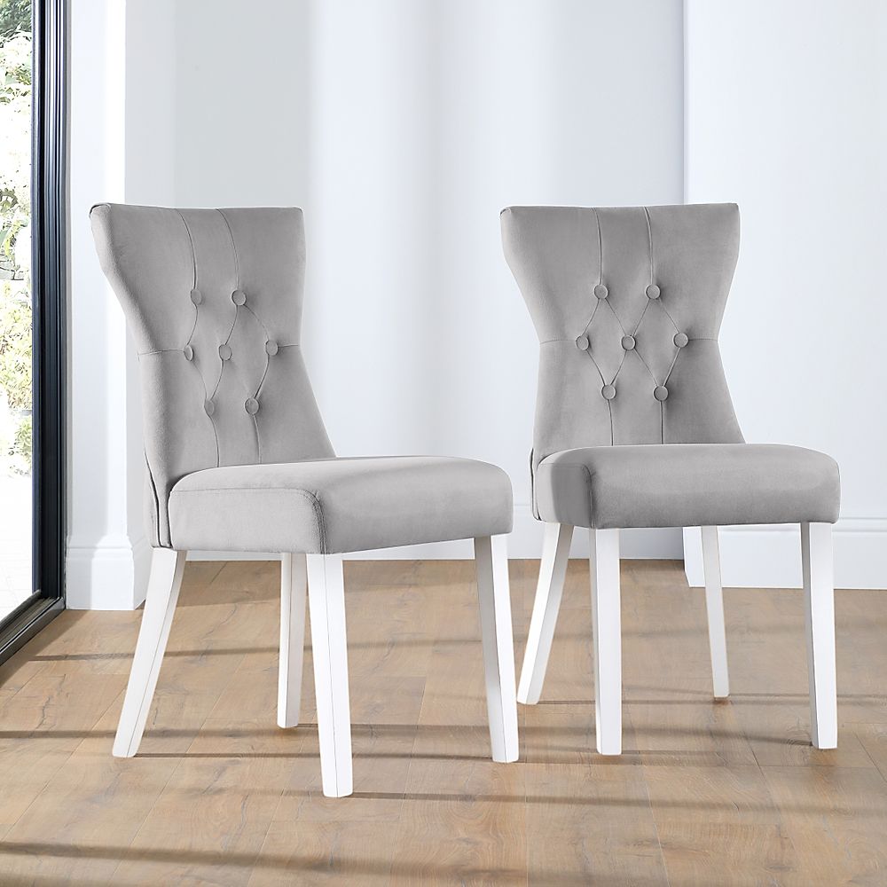 Bewley Dining Chair, Grey Classic Velvet & White Solid Hardwood