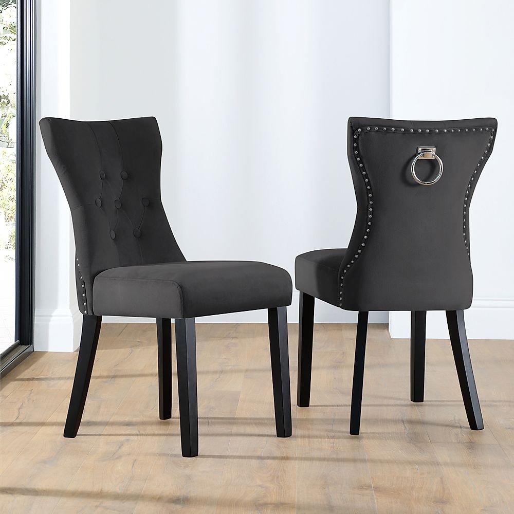 Kensington Dining Chair, Black Classic Velvet & Black Solid Hardwood