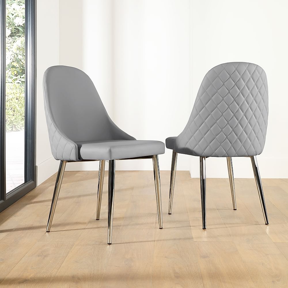 Ricco Dining Chair, Light Grey Premium Faux Leather & Chrome