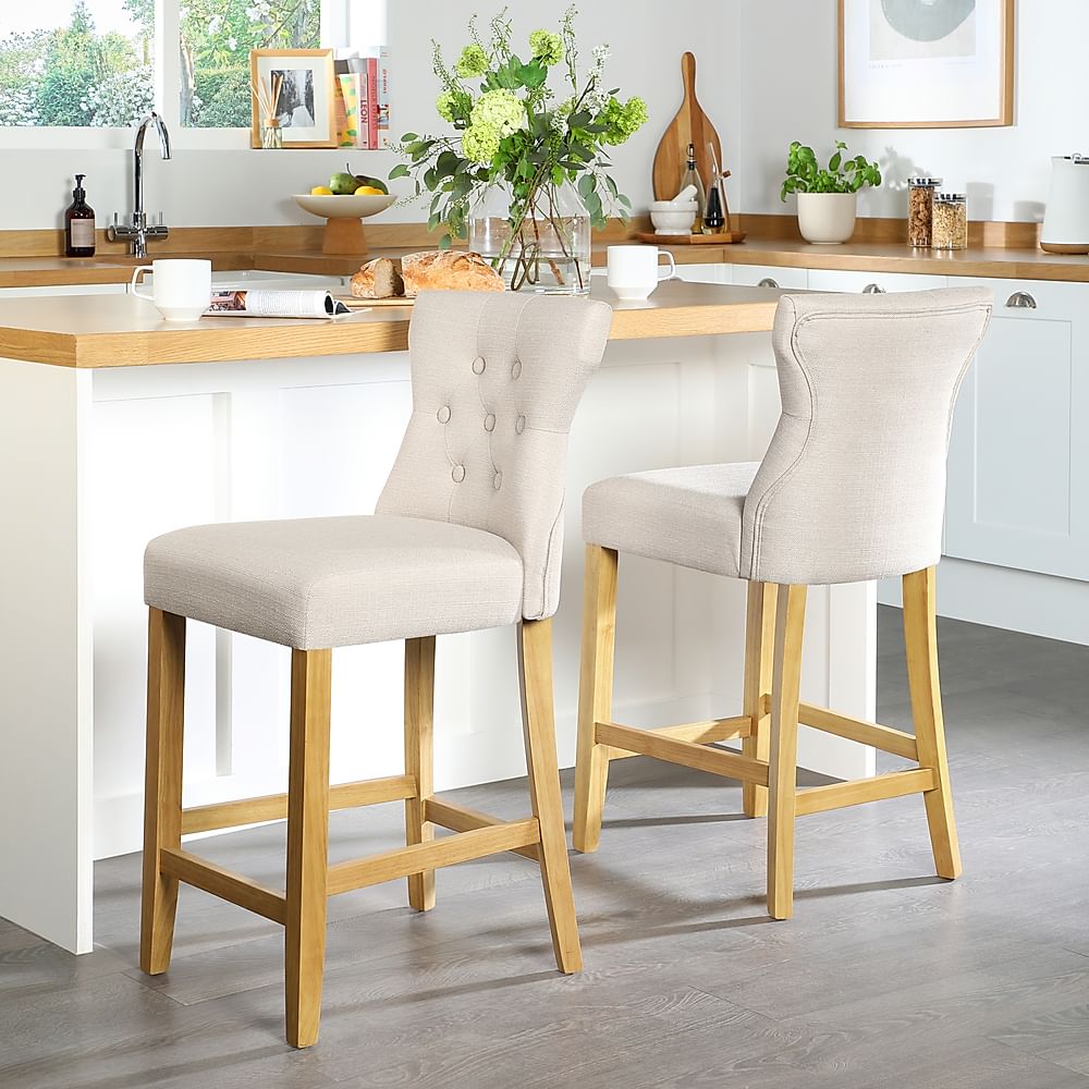 Henley Bar Stool, Oatmeal Classic Linen-Weave Fabric & Natural Oak Finished Solid Hardwood