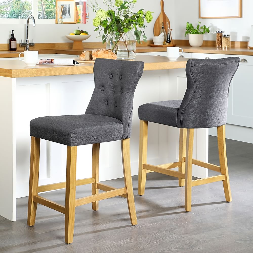 Henley Bar Stool, Slate Grey Classic Linen-Weave Fabric & Natural Oak Finished Solid Hardwood