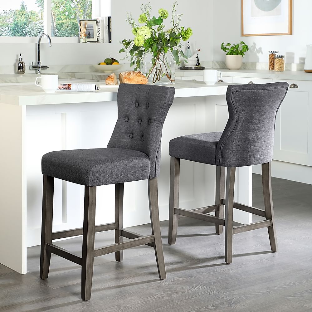 Henley Bar Stool, Slate Grey Classic Linen-Weave Fabric & Grey Solid Hardwood