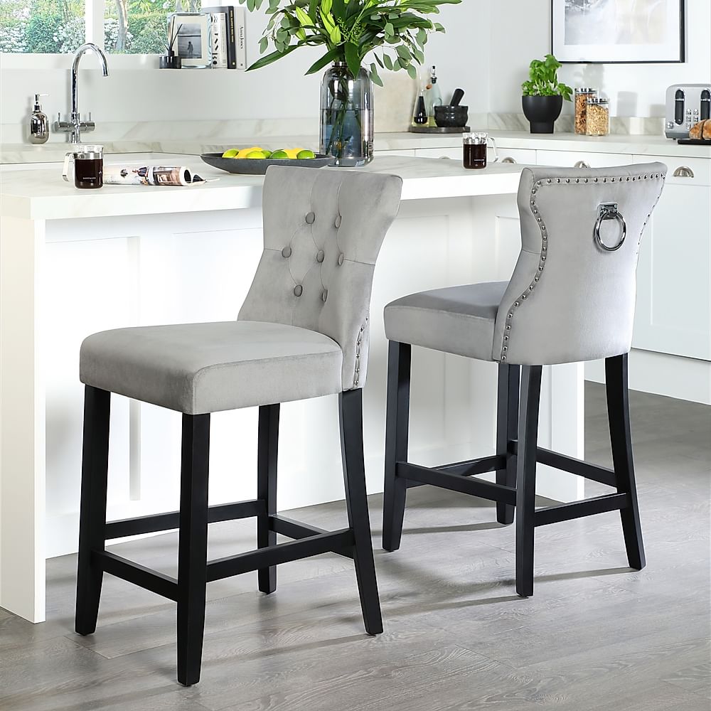 Belgrave Bar Stool, Grey Classic Velvet & Black Solid Hardwood