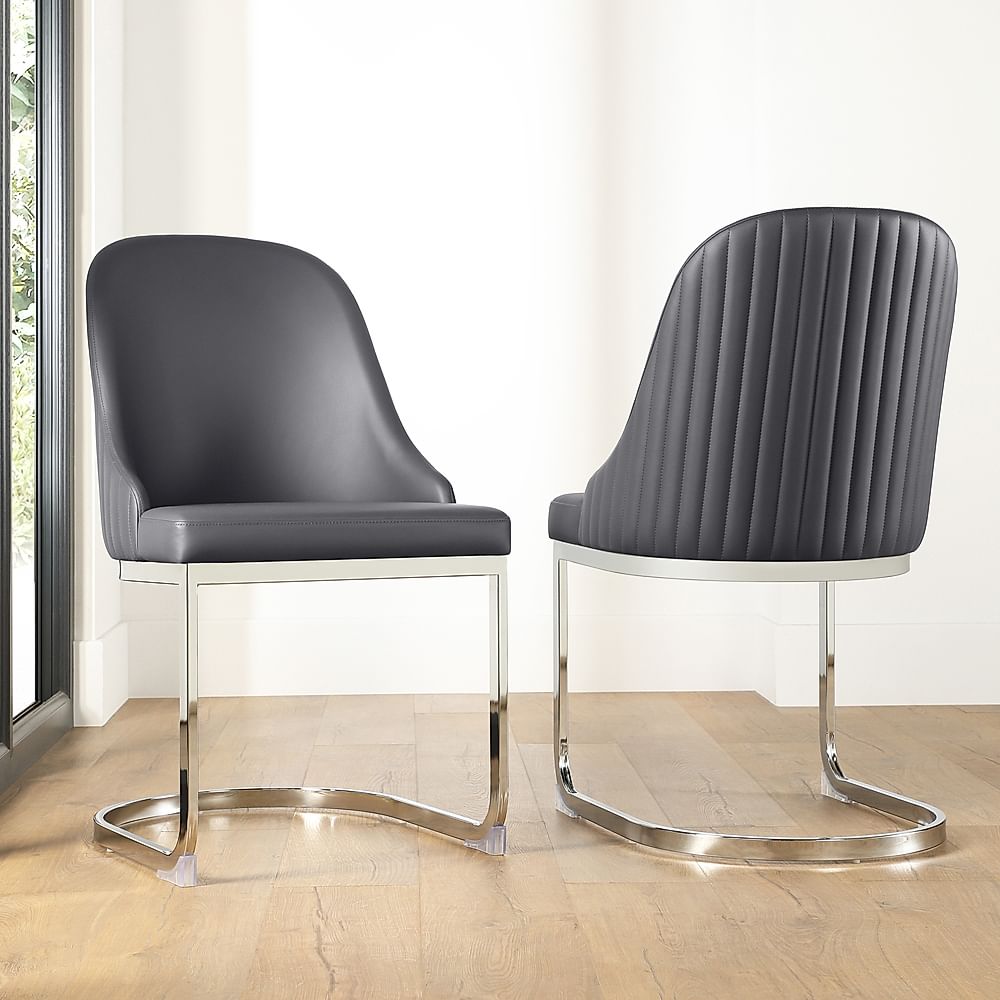 Riva Dining Chair, Grey Premium Faux Leather & Chrome