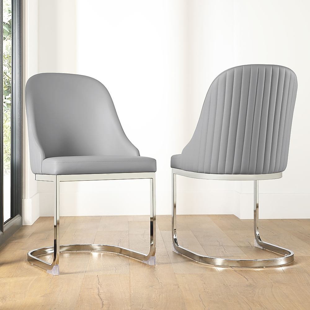 Riva Dining Chair, Light Grey Premium Faux Leather & Chrome