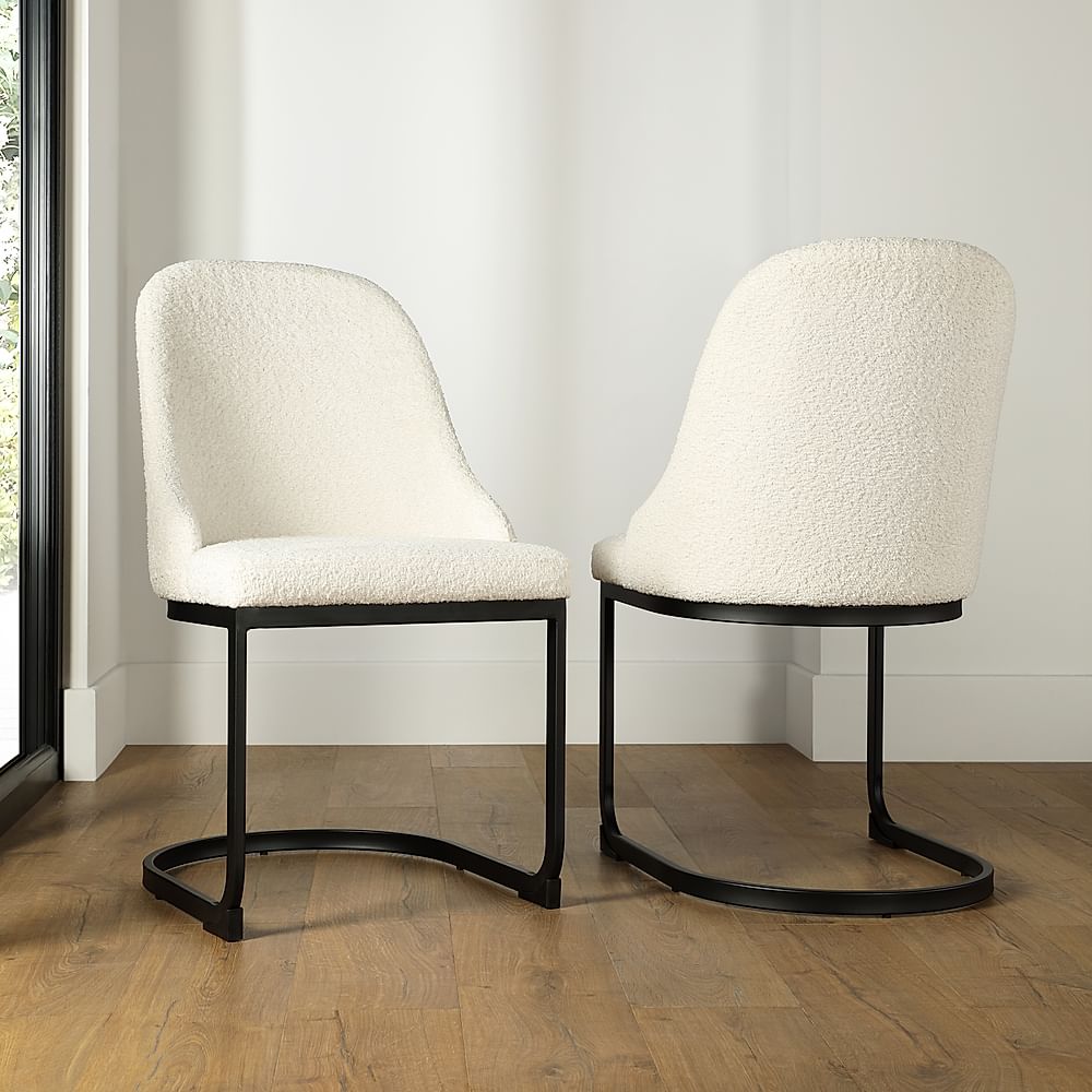 Riva Dining Chair, Ivory Classic Boucle Fabric & Black Steel
