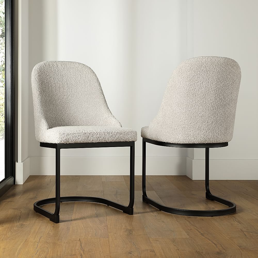 Riva Dining Chair, Light Grey Classic Boucle Fabric & Black Steel