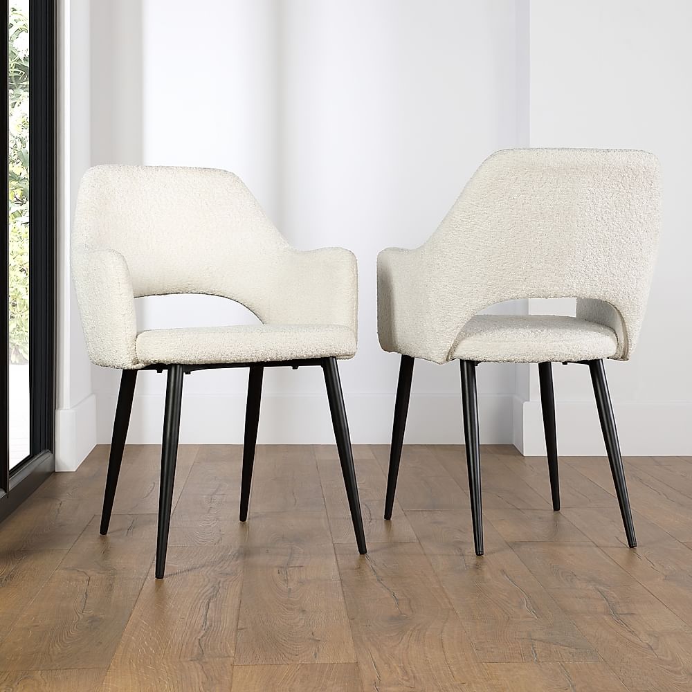 Clara Dining Chair, Ivory Boucle Fabric & Black Steel