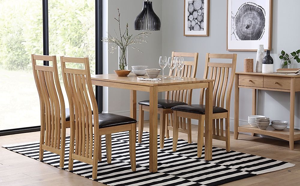 Milton Dining Table & 4 Bali Chairs, Natural Oak Finished Solid Hardwood, Brown Classic Faux Leather, 120cm