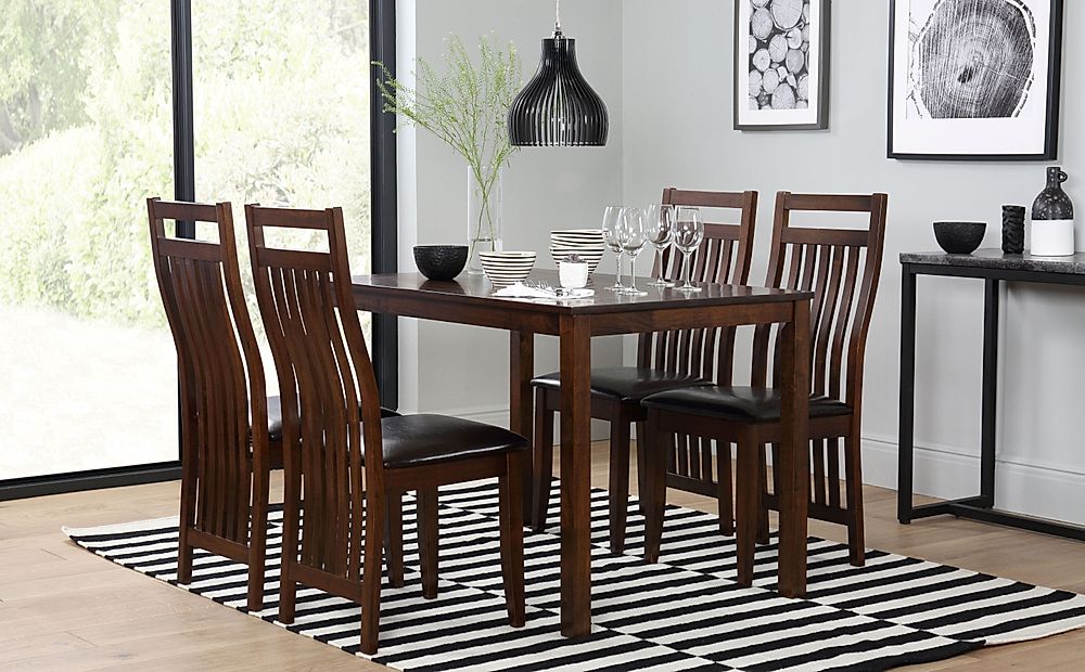 Milton Dining Table & 4 Java Chairs, Dark Solid Hardwood, Brown Classic Faux Leather, 120cm