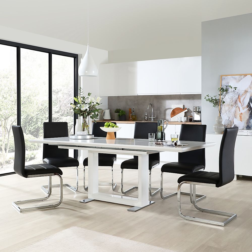 Tokyo Extending Dining Table & 6 Perth Chairs, White High Gloss, Black Classic Faux Leather & Chrome, 160-220cm