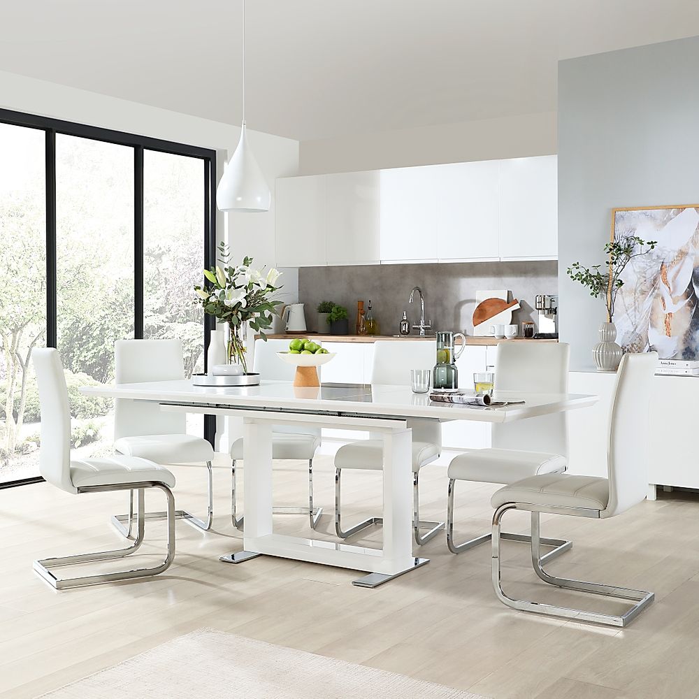 Tokyo Extending Dining Table & 6 Perth Chairs, White High Gloss, White Classic Faux Leather & Chrome, 160-220cm