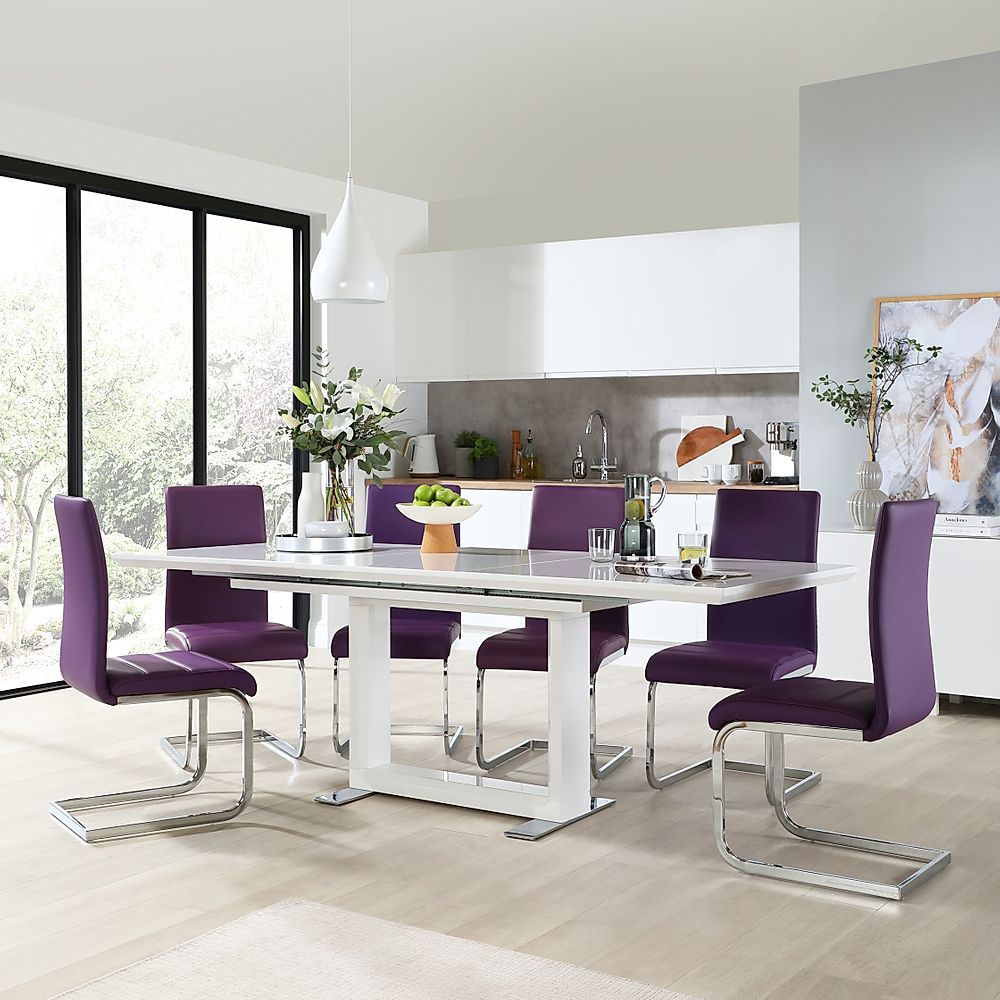 Tokyo Extending Dining Table & 6 Perth Chairs, White High Gloss, Purple Classic Faux Leather & Chrome, 160-220cm