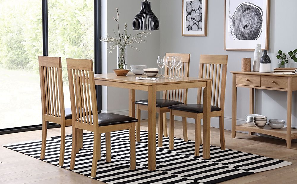 Milton Dining Table & 6 Oxford Chairs, Natural Oak Finished Solid Hardwood, Brown Classic Faux Leather, 120cm