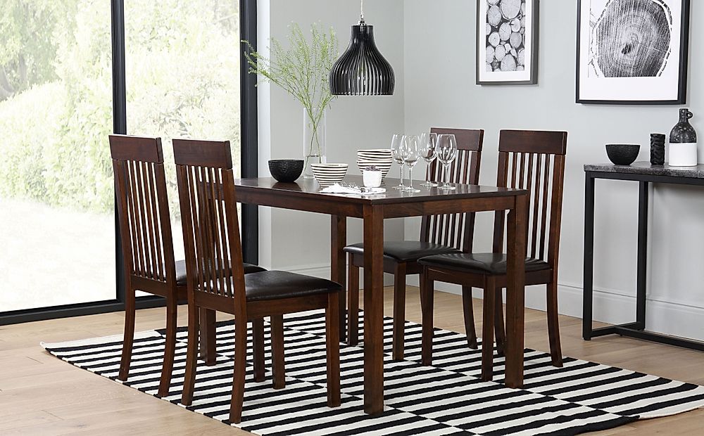 Milton Dining Table & 4 Oxford Chairs, Dark Solid Hardwood, Brown Classic Faux Leather, 120cm