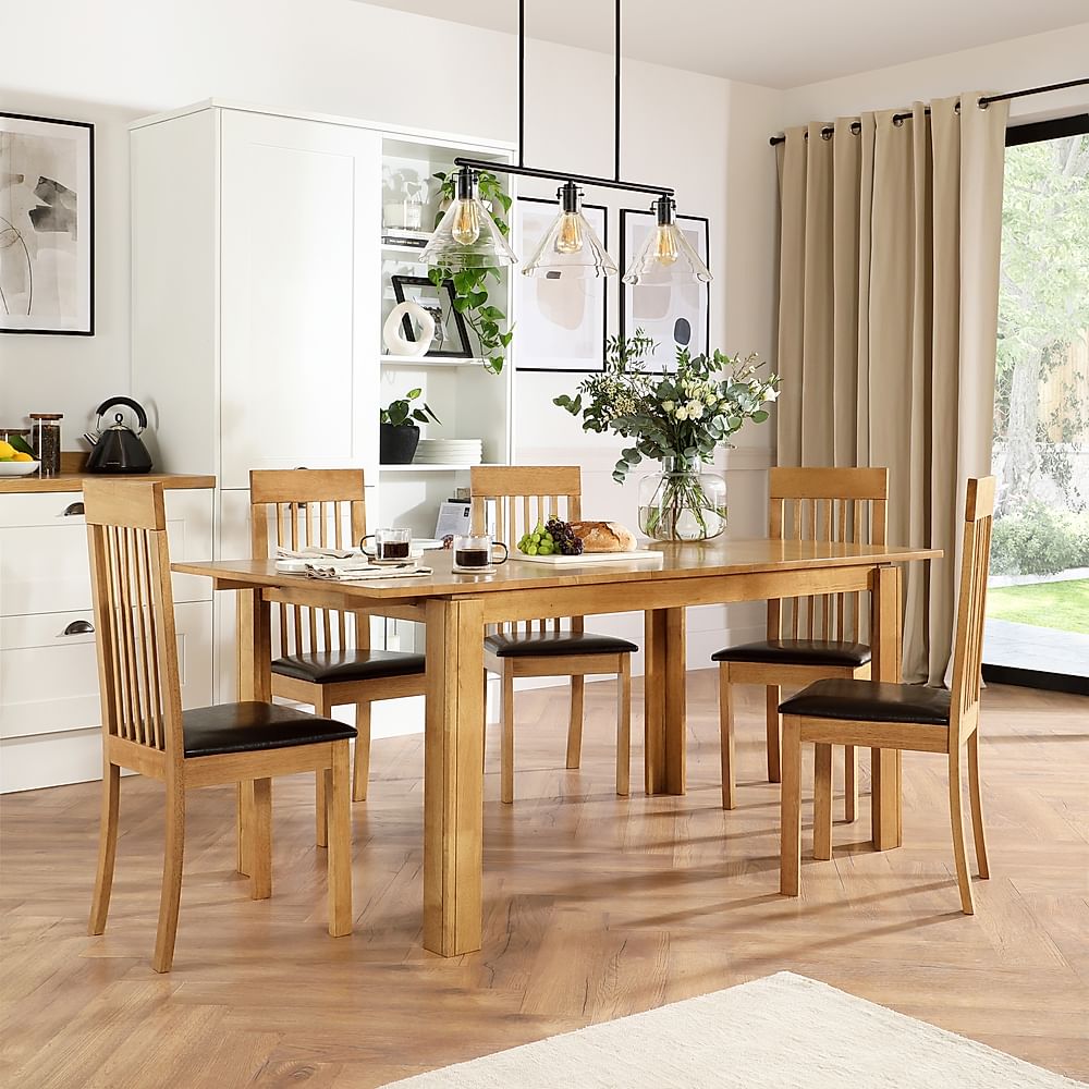 Bali Extending Dining Table & 4 Oxford Chairs, Natural Oak Finished Solid Hardwood, Brown Classic Faux Leather, 150-180cm