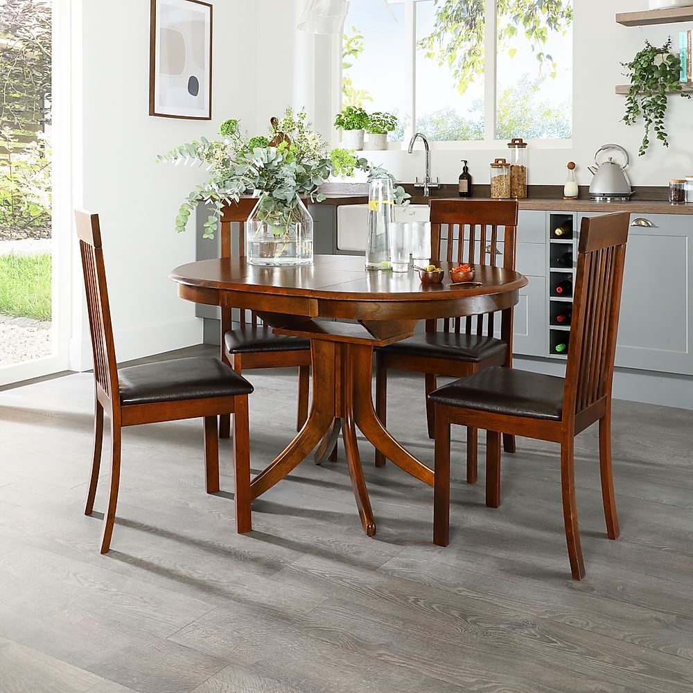 Hudson Round Extending Dining Table & 4 Oxford Chairs, Dark Solid Hardwood, Brown Classic Faux Leather, 90-120cm