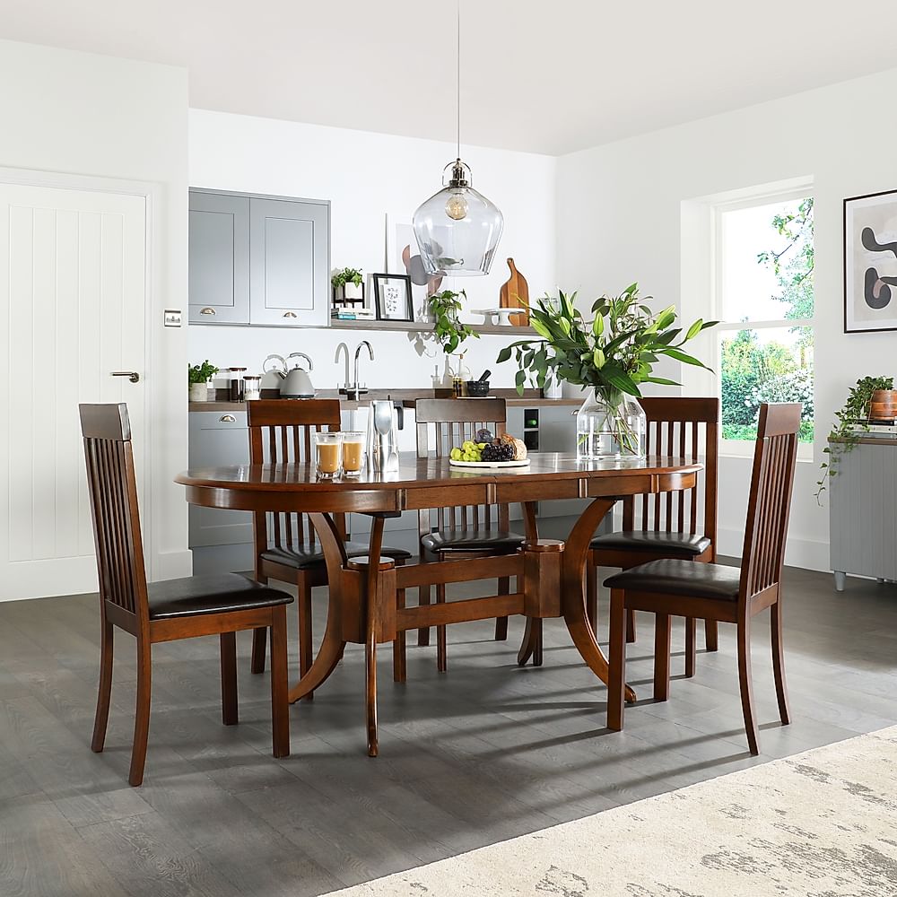 Townhouse Oval Extending Dining Table & 6 Oxford Chairs, Dark Solid Hardwood, Brown Classic Faux Leather, 150-180cm