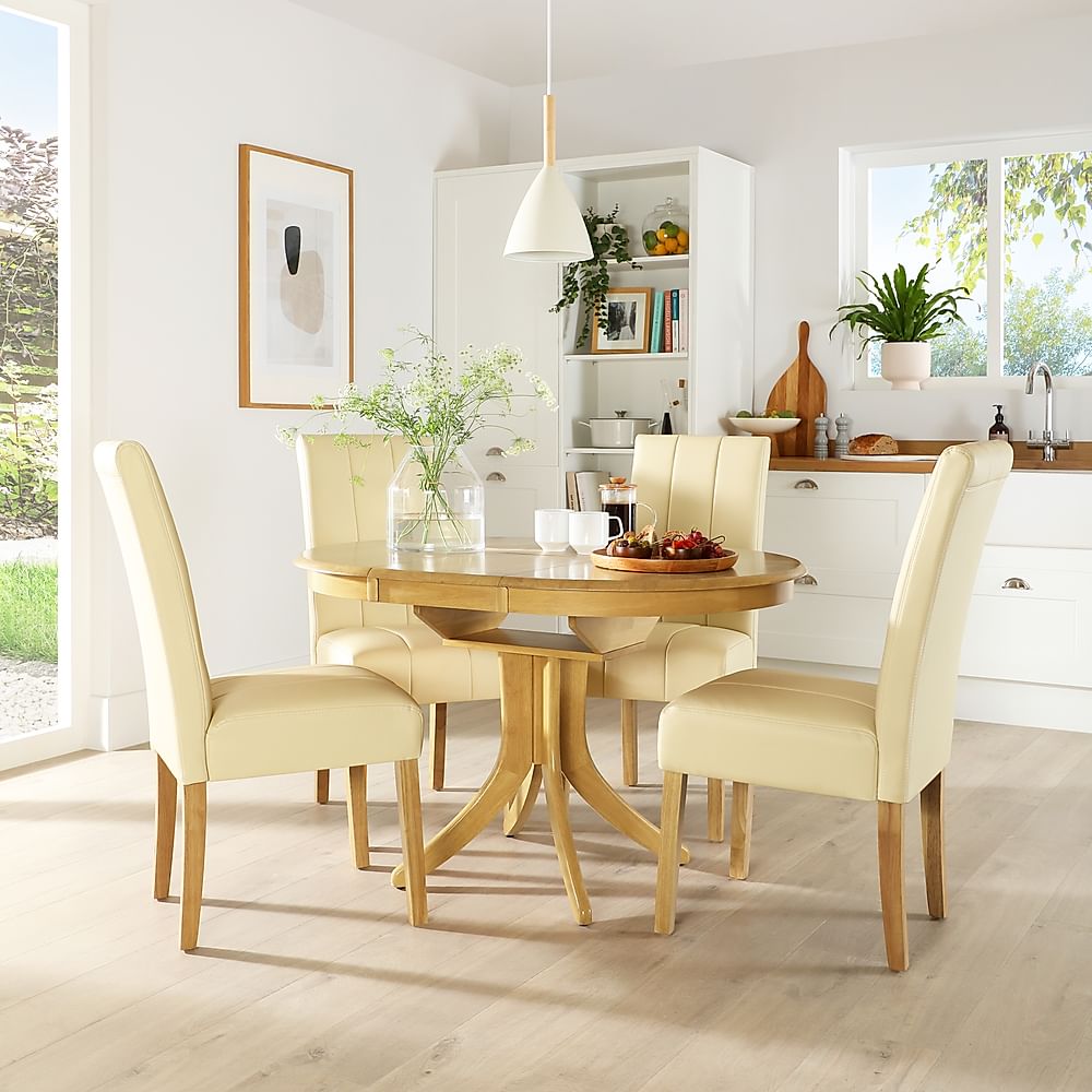 Hudson Round Extending Dining Table & 4 Carrick Chairs, Natural Oak Finished Solid Hardwood, Ivory Classic Faux Leather, 90-120cm