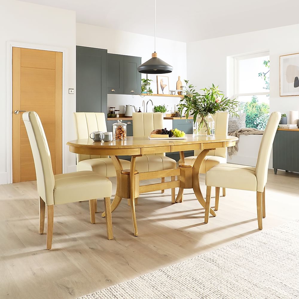 Townhouse Oval Extending Dining Table & 6 Carrick Chairs, Natural Oak Finished Solid Hardwood, Ivory Classic Faux Leather, 150-180cm