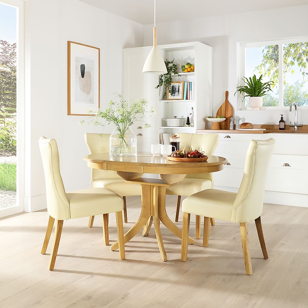 Hudson Round Extending Dining Table & 4 Bewley Chairs, Natural Oak Finished Solid Hardwood, Ivory Classic Faux Leather, 90-120cm