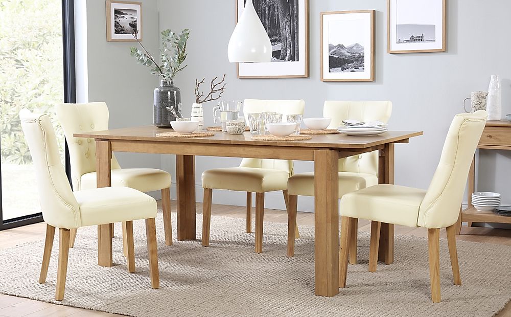 Bali Extending Dining Table & 6 Bewley Chairs, Natural Oak Finished Solid Hardwood, Ivory Classic Faux Leather, 150-180cm