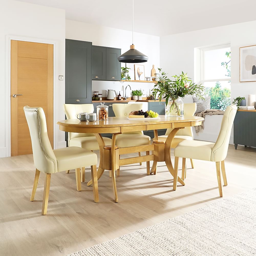 Townhouse Oval Extending Dining Table & 4 Bewley Chairs, Natural Oak Finished Solid Hardwood, Ivory Classic Faux Leather, 150-180cm