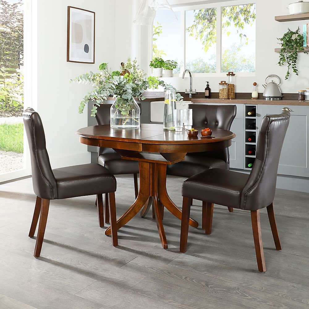 Hudson Round Extending Dining Table & 4 Bewley Chairs, Dark Solid Hardwood, Brown Classic Faux Leather, 90-120cm