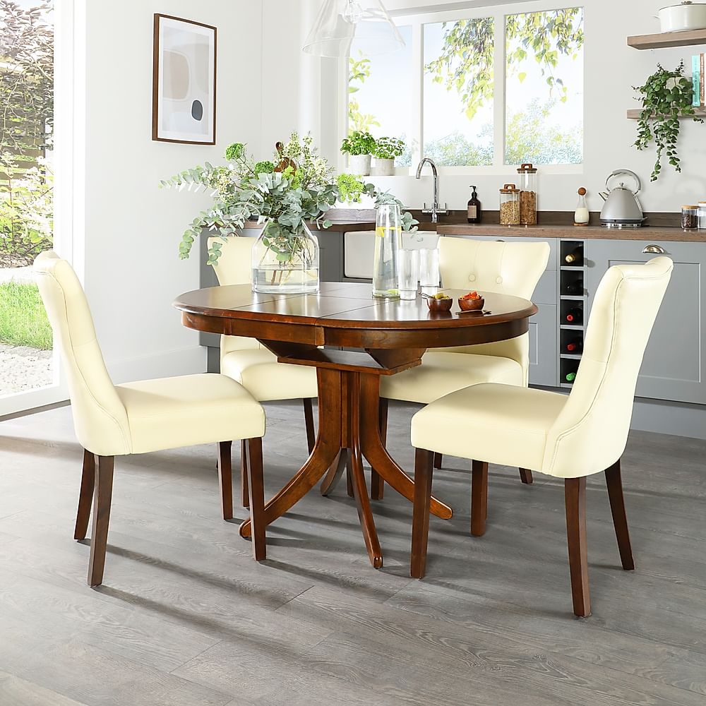 Hudson Round Extending Dining Table & 4 Bewley Chairs, Dark Solid Hardwood, Ivory Classic Faux Leather, 90-120cm
