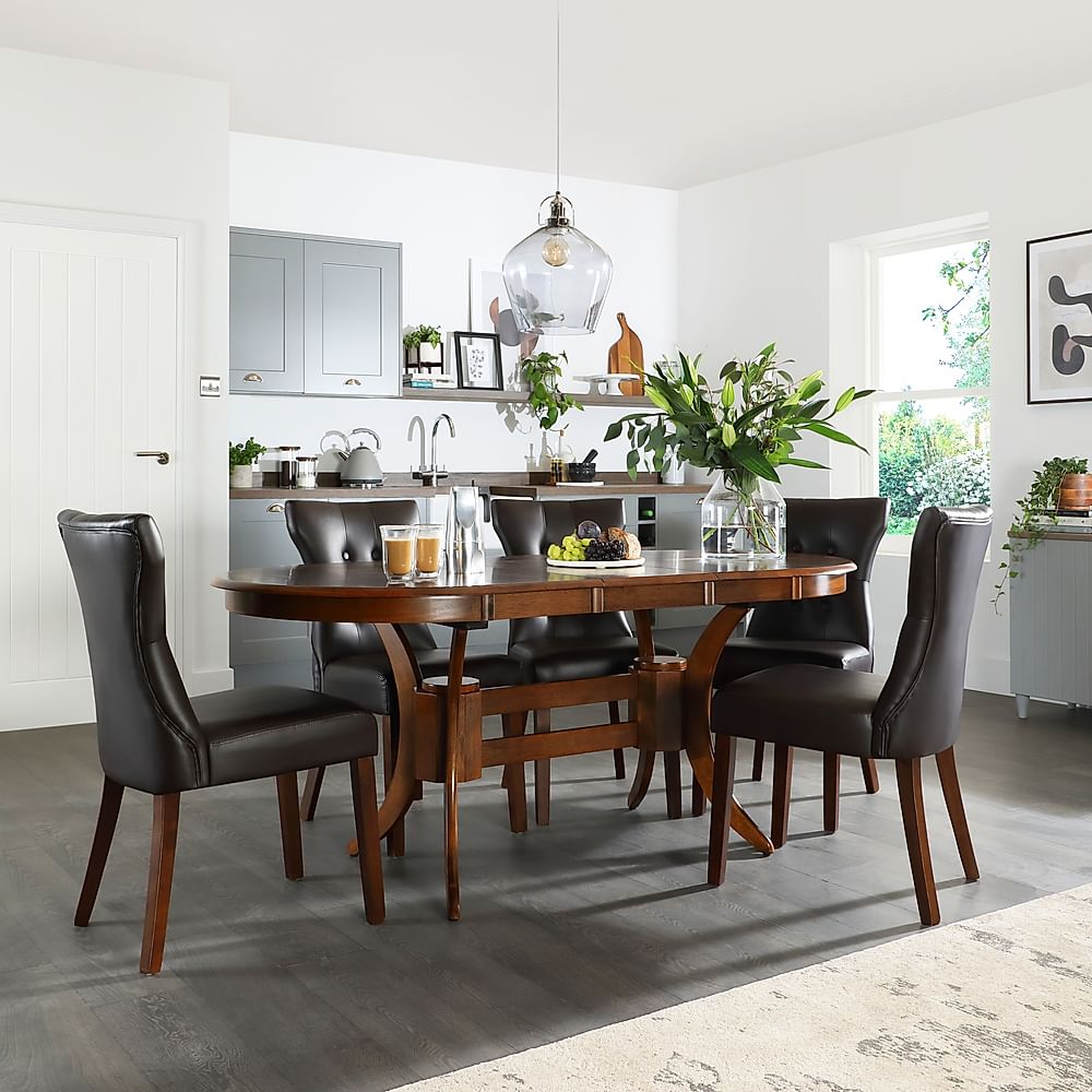 Townhouse Oval Extending Dining Table & 4 Bewley Chairs, Dark Solid Hardwood, Brown Classic Faux Leather, 150-180cm