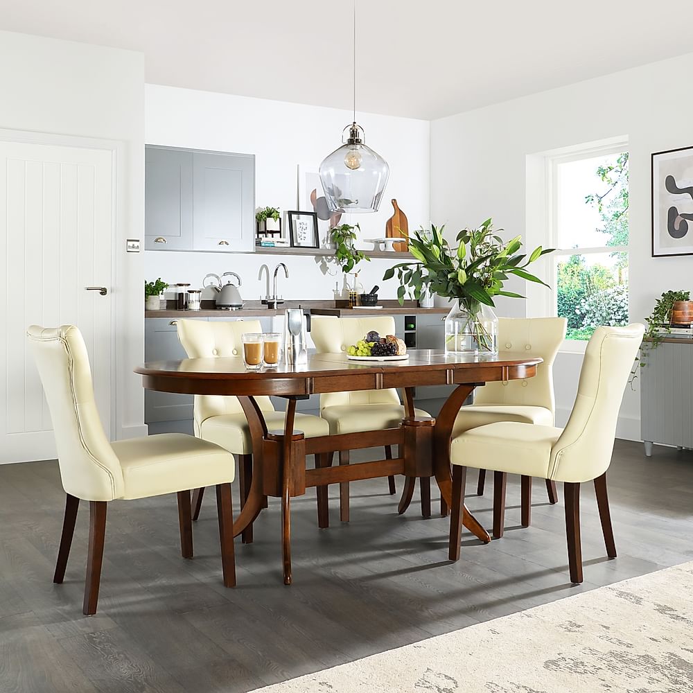 Townhouse Oval Extending Dining Table & 4 Bewley Chairs, Dark Solid Hardwood, Ivory Classic Faux Leather, 150-180cm